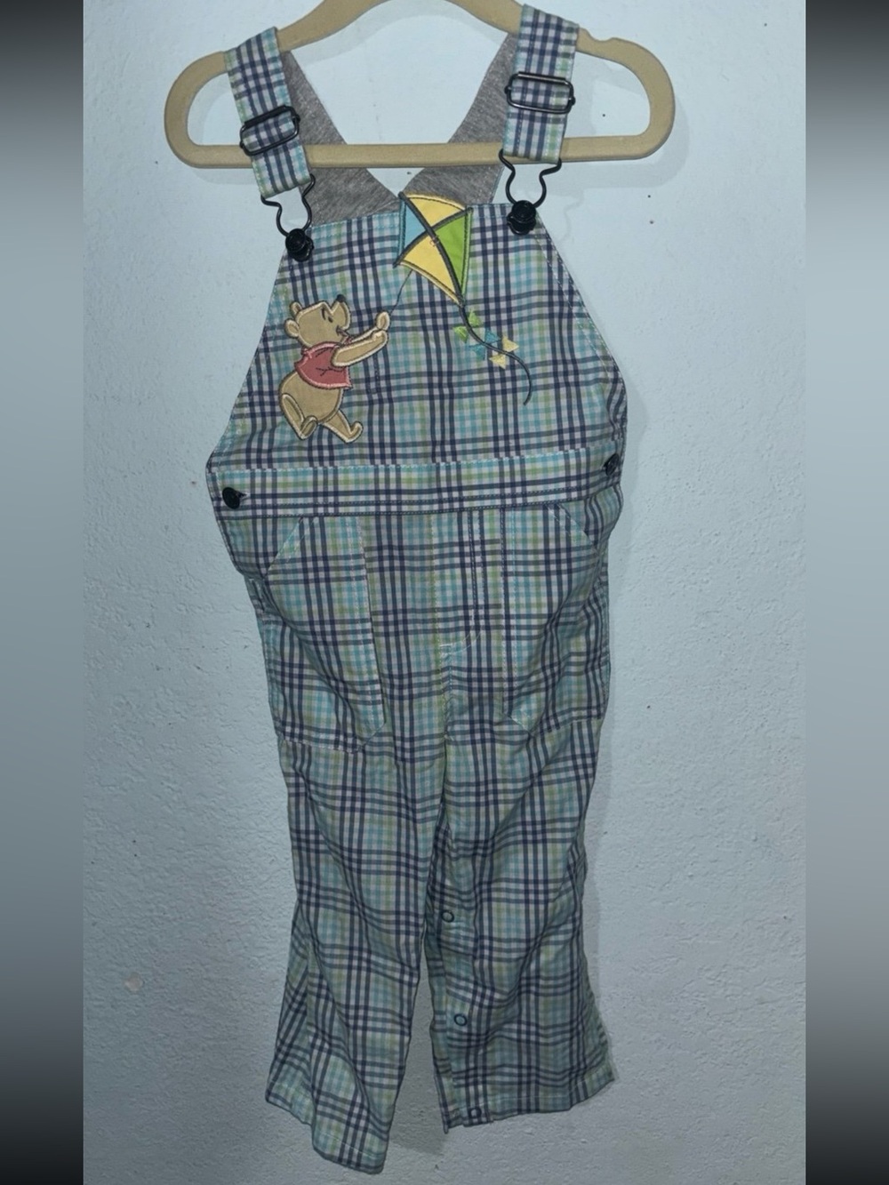 Disney Baby Winnie The Pooh Gray Lined Plaid Overalls with Blue Accents